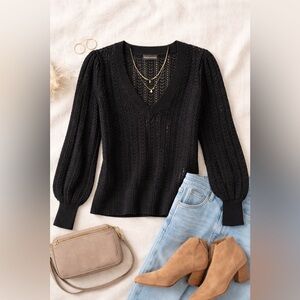 Rock & Shine by Reitmans Black Open Knit V Neck top